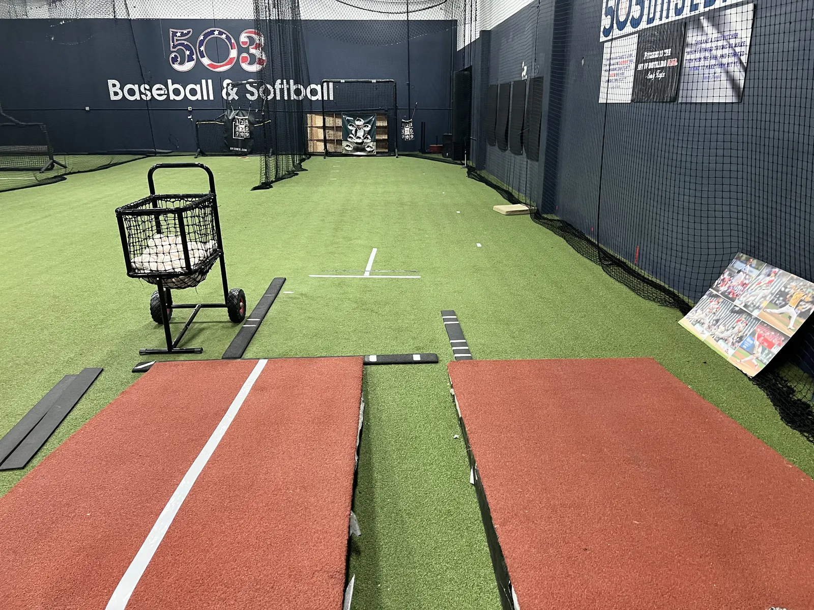 Indoor pitching mounds at 503 Baseball in Milwaukie, Oregon